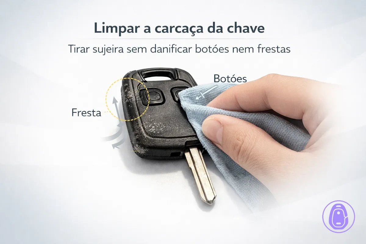 Ilustração de limpeza da carcaça da chave do carro com foco nas frestas e na área dos botões.