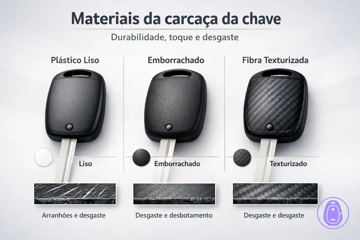 Ilustração em close comparando materiais e acabamentos da carcaça da chave do carro para aderência e desgaste.