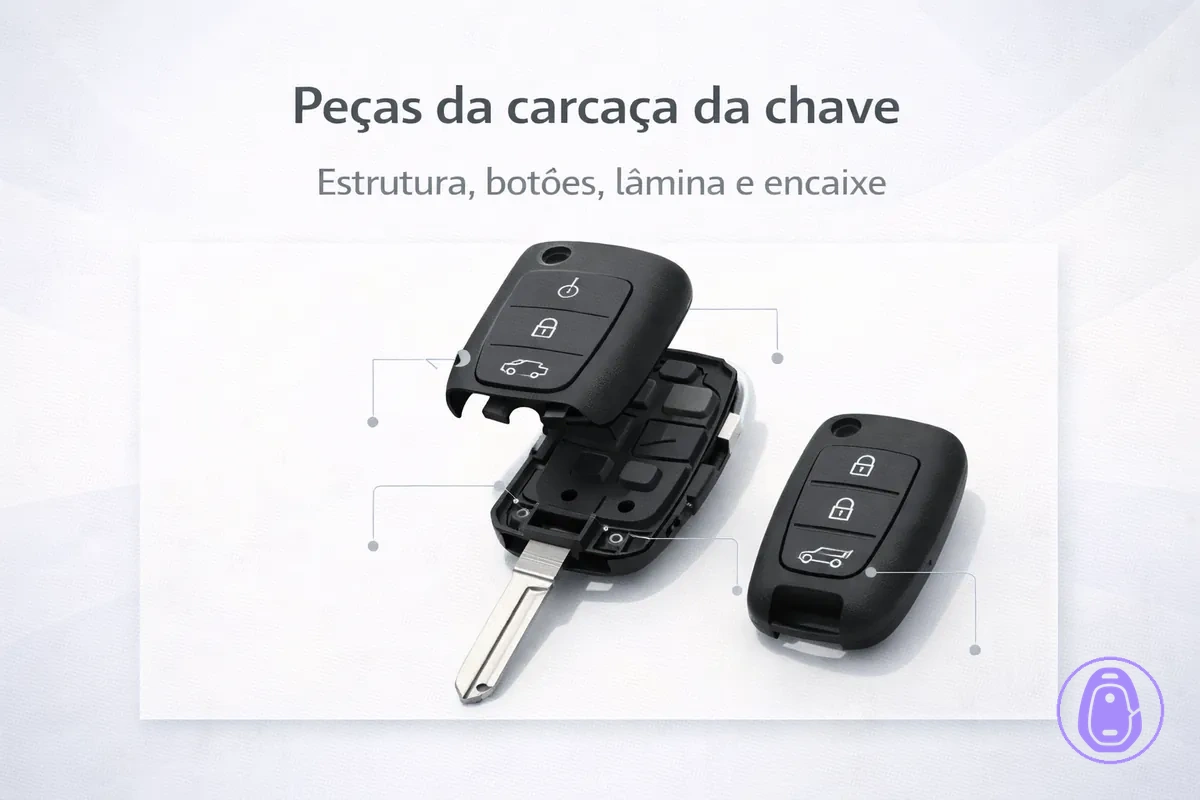 Ilustração em estilo explodido mostrando as peças da carcaça da chave do carro, como as duas metades, a área da borracha de botões e a seção da lâmina.