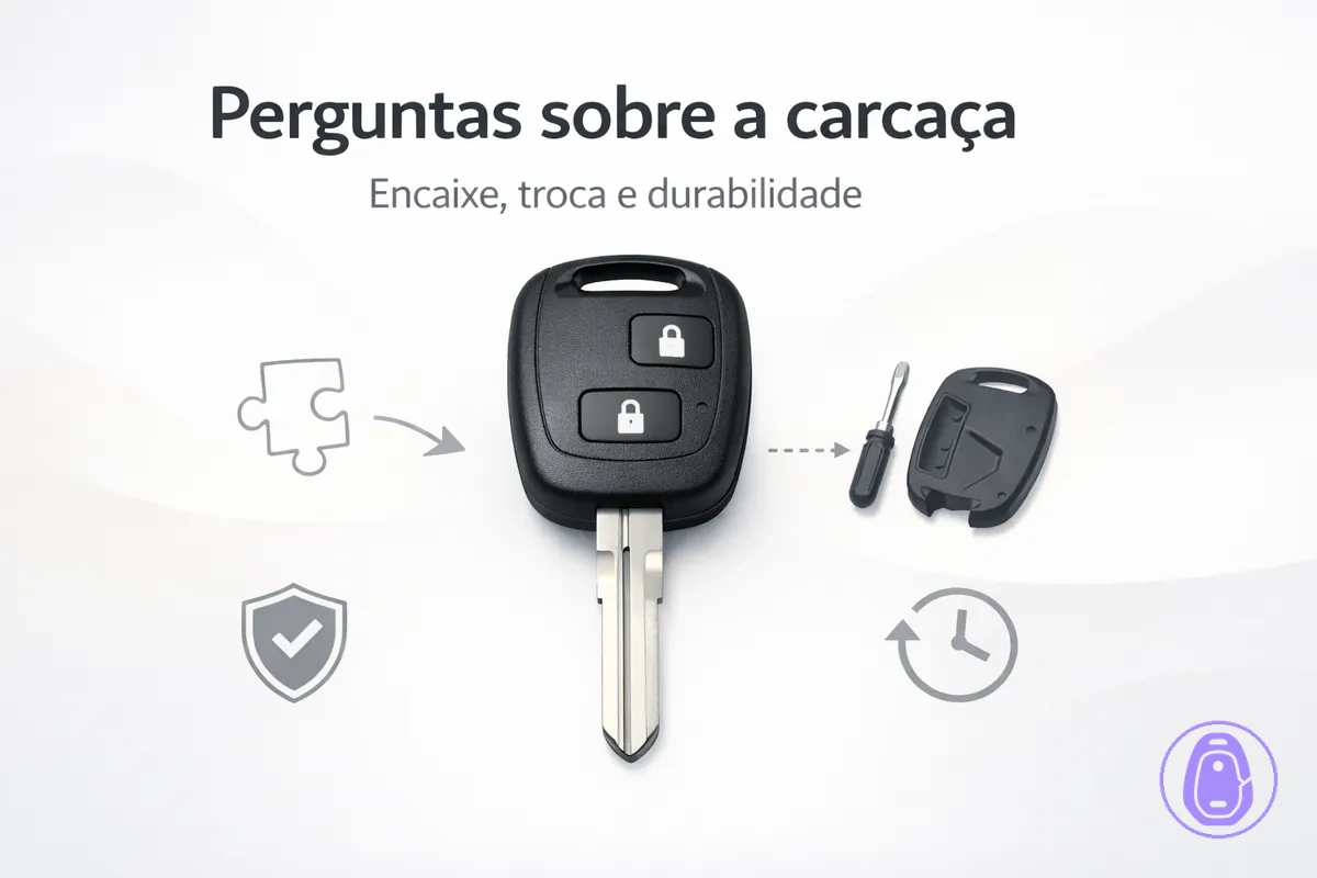 Ilustração em estilo FAQ para dúvidas sobre encaixe, troca e durabilidade da carcaça da chave do carro.