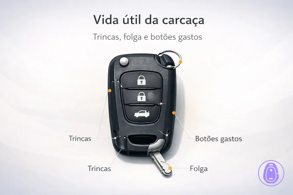 Ilustração com sinais de desgaste da carcaça da chave do carro, como trincas, fechamento frouxo e botões gastos.