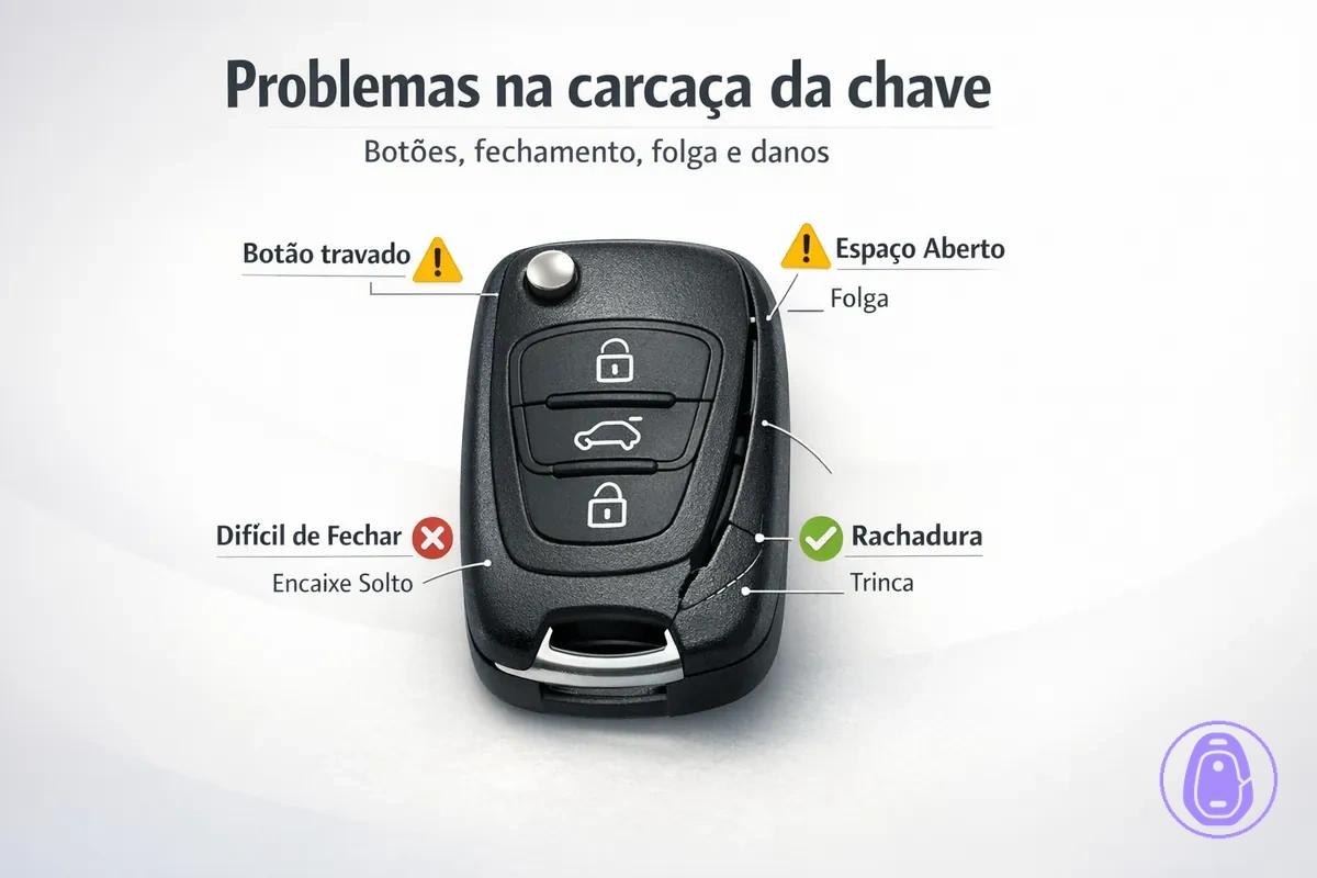 Ilustração de solução de problemas comuns: botões presos, frestas e encaixe frouxo na carcaça da chave do carro.