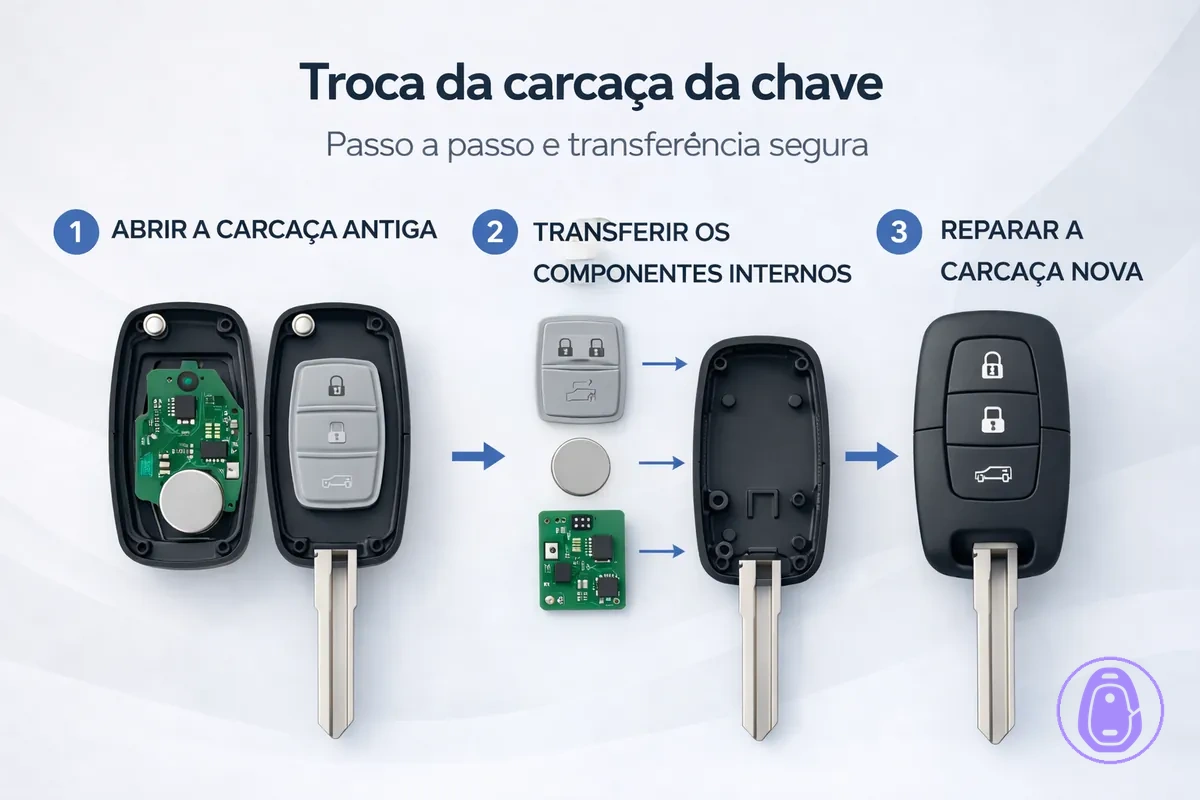 Ilustração em etapas para trocar a carcaça da chave do carro e montar corretamente após a transferência.