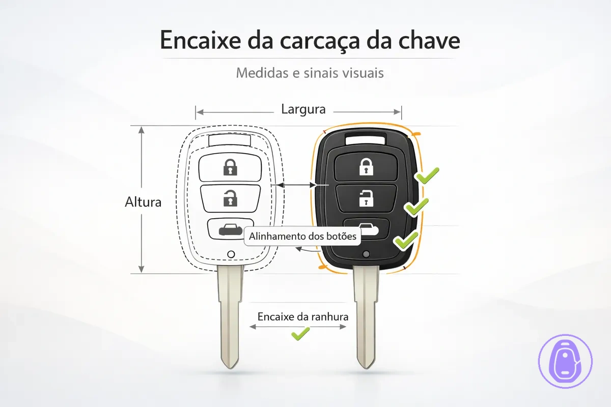 Ilustração de medidas e contorno para confirmar o encaixe da carcaça da chave do carro antes de comprar.