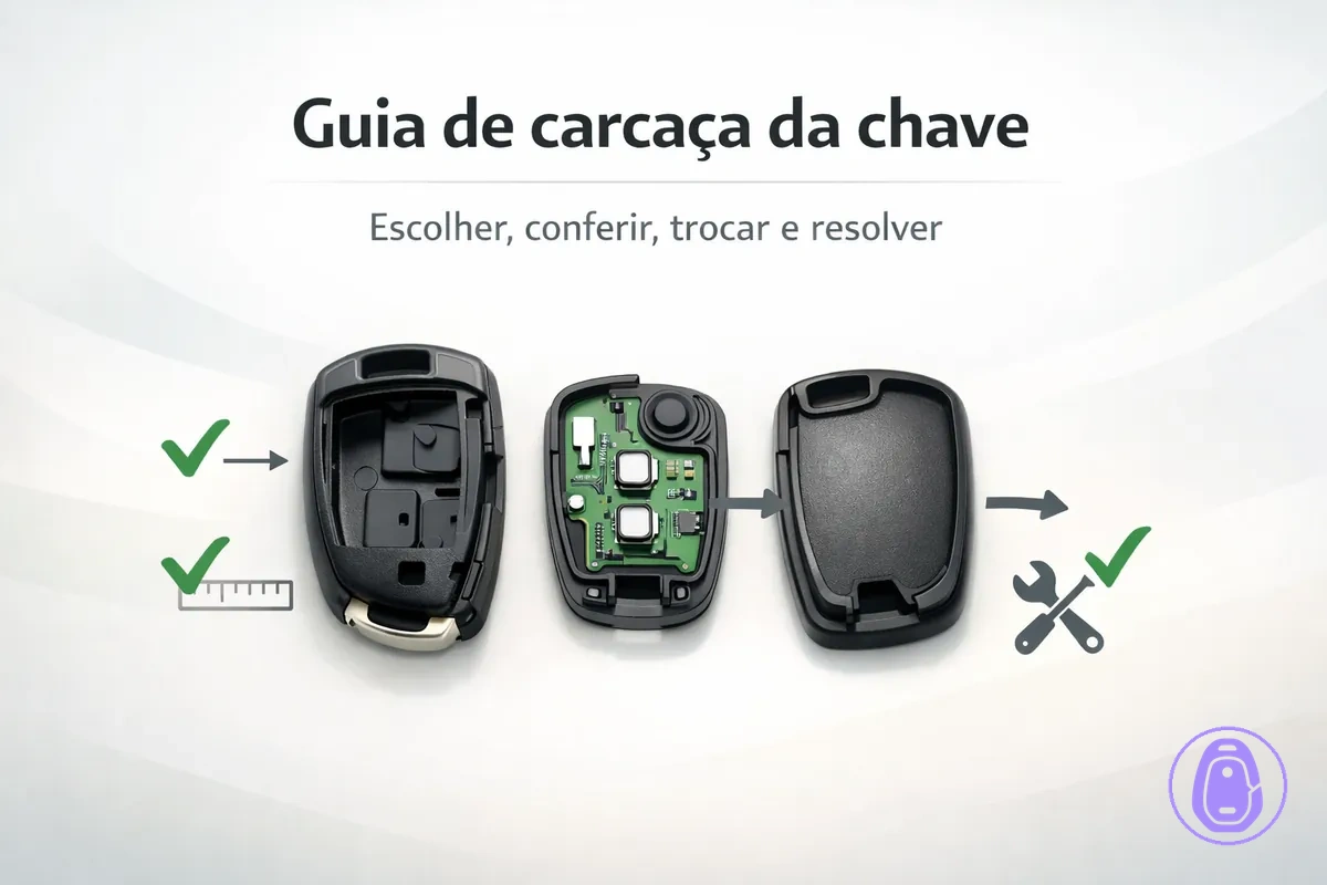 Ilustração do guia de carcaça da chave do carro com os temas principais: escolha, verificação de encaixe, troca e solução de problemas.