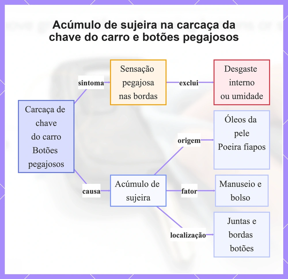 Acúmulo de sujeira na carcaça da chave do carro e botões pegajosos