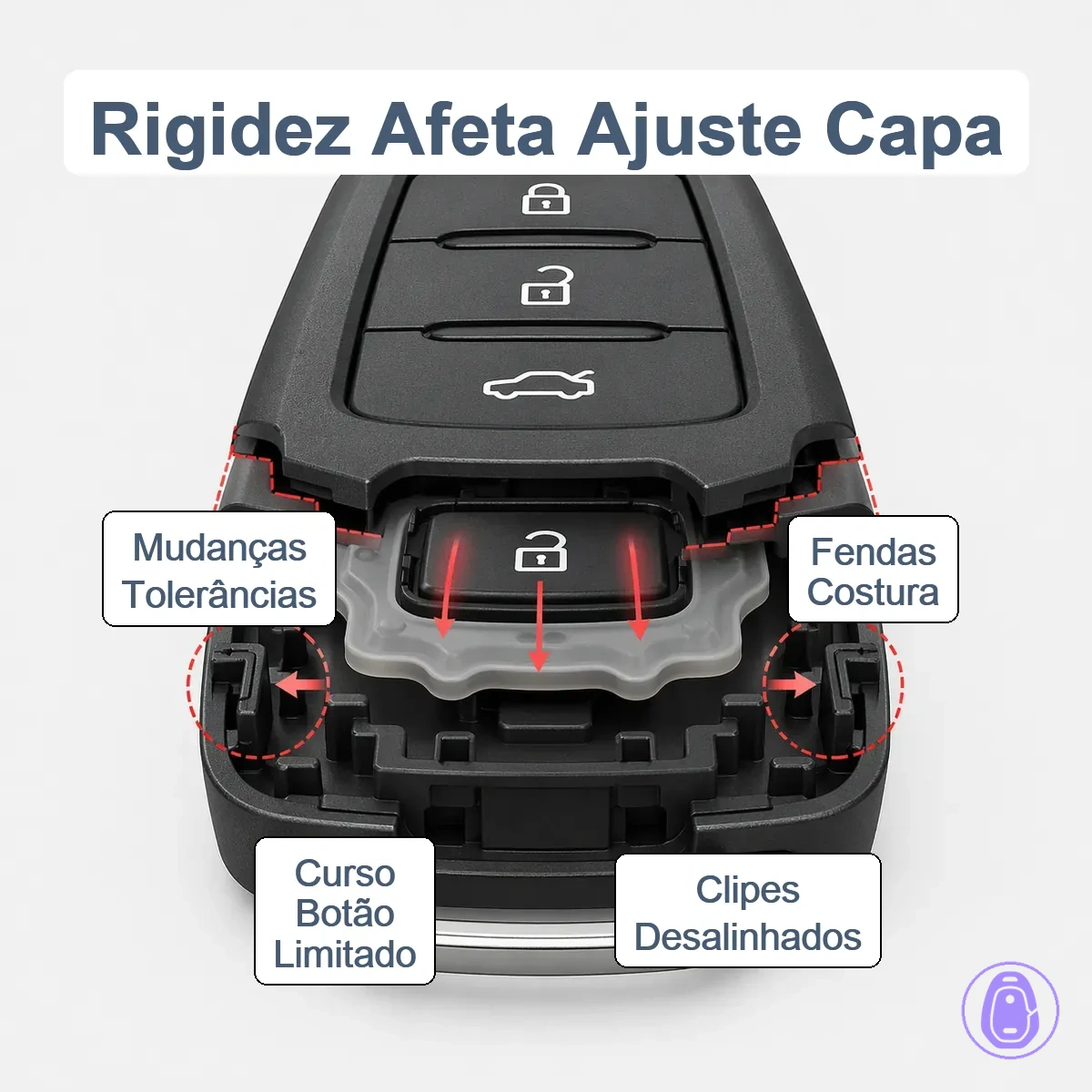 Ilustração mostrando lacunas nas costuras da carcaça da chave do carro, desalinhamento de clipes e curso restrito dos botões devido a tolerâncias ruins e rigidez.