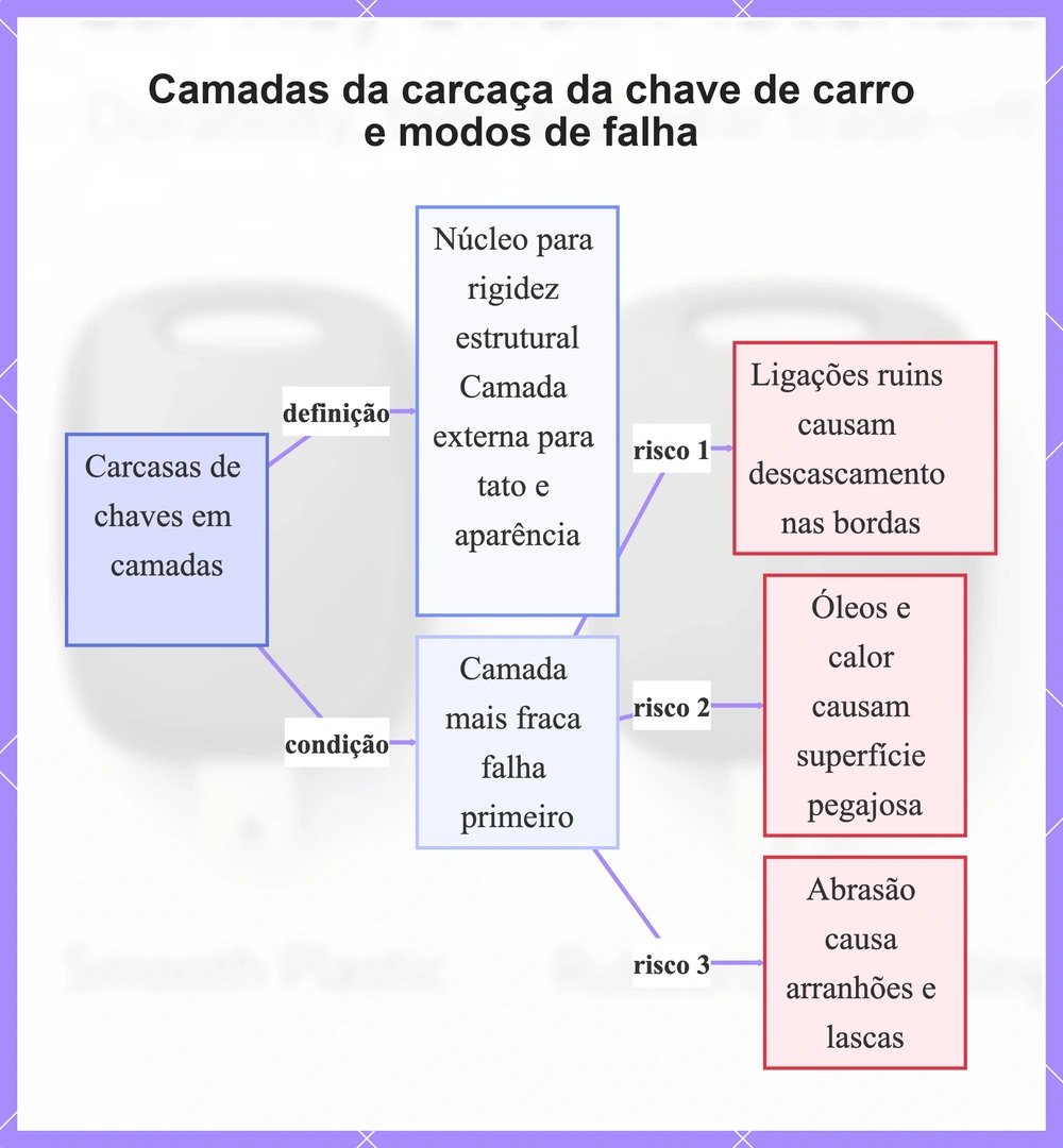 Camadas da carcaça da chave de carro e modos de falha