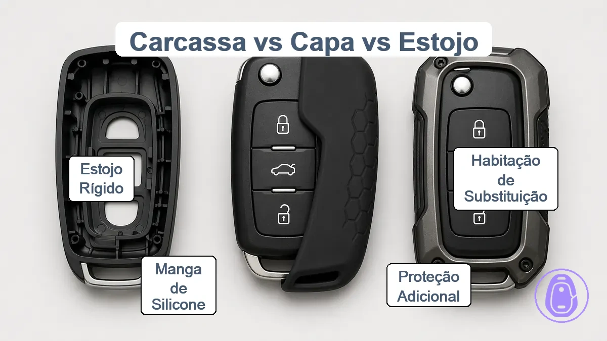 Comparação da carcaça da chave do carro como carcaça de reposição versus capa e estojo como camadas de proteção adicionais.