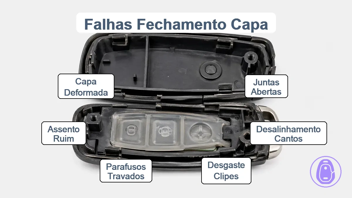 Diagrama anotado da emenda da carcaça da chave do carro mostrando áreas de folga, clipes e pontos de parafuso que afetam o fechamento.