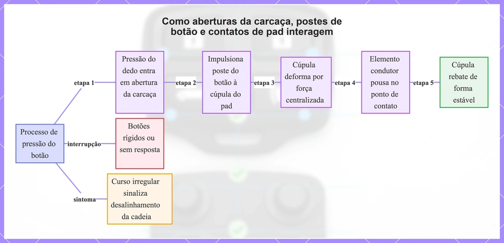 Como aberturas da carcaça, postes de botão e contatos de pad interagem
