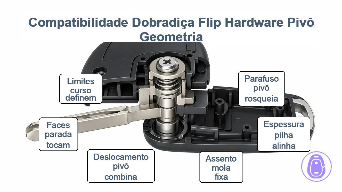 Diagrama mostrando alinhamento de hardware de pivô e geometria de dobradiça em dobradiças flip para função correta da carcaça da chave