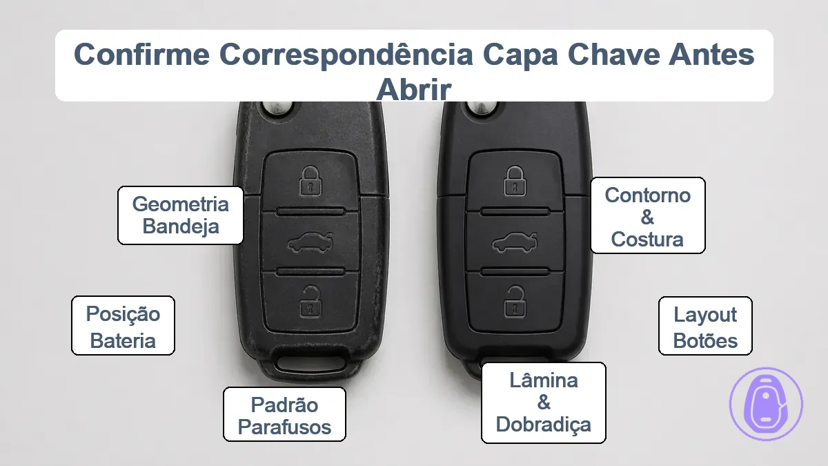 Comparação visual do contorno da carcaça da chave do carro, emenda, botões, área da lâmina e layout interno para confirmação de correspondência.