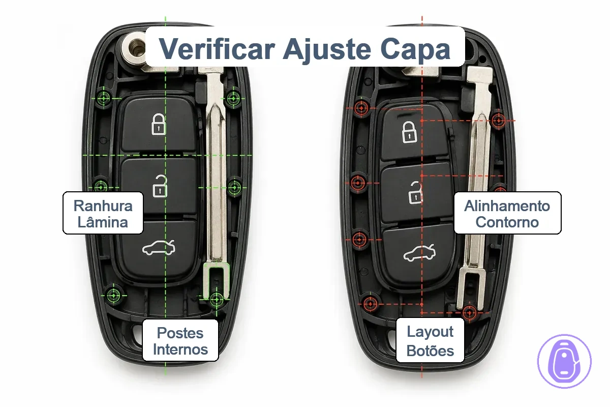 Verificações de compatibilidade da carcaça da chave do carro para layout de botões e pinos internos.