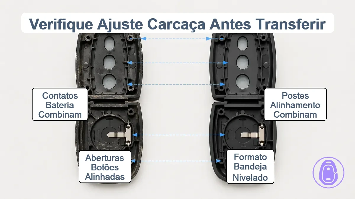 Ilustração em close-up de duas carcaças de chave de carro mostrando pinos de alinhamento, orifícios dos botões e contatos da bateria com setas indicando áreas que devem coincidir.