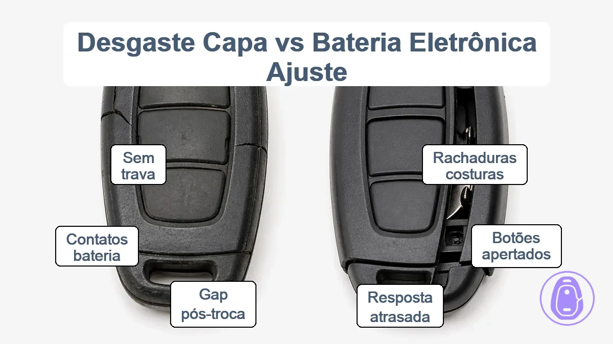 Contraste visual de rachaduras em carcaça desgastada de chave do carro versus desalinhamento de carcaça de ajuste incorreto