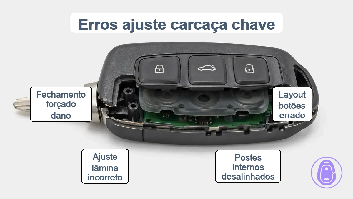 Ilustração de erros de encaixe da carcaça da chave do carro como alinhamento errado de botões ou postes desalinhados causando problemas de fechamento e custos extras.