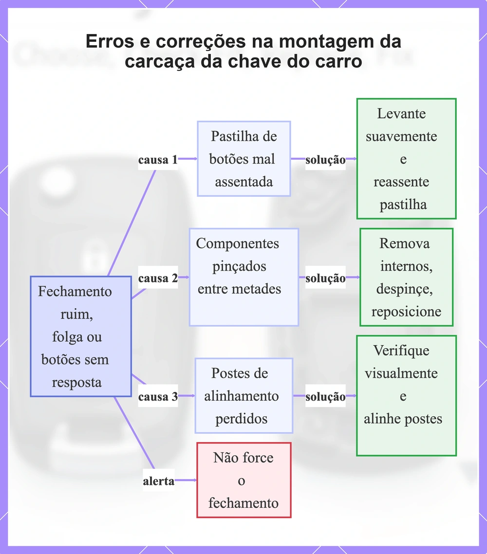 Erros e correções na montagem da carcaça da chave do carro
