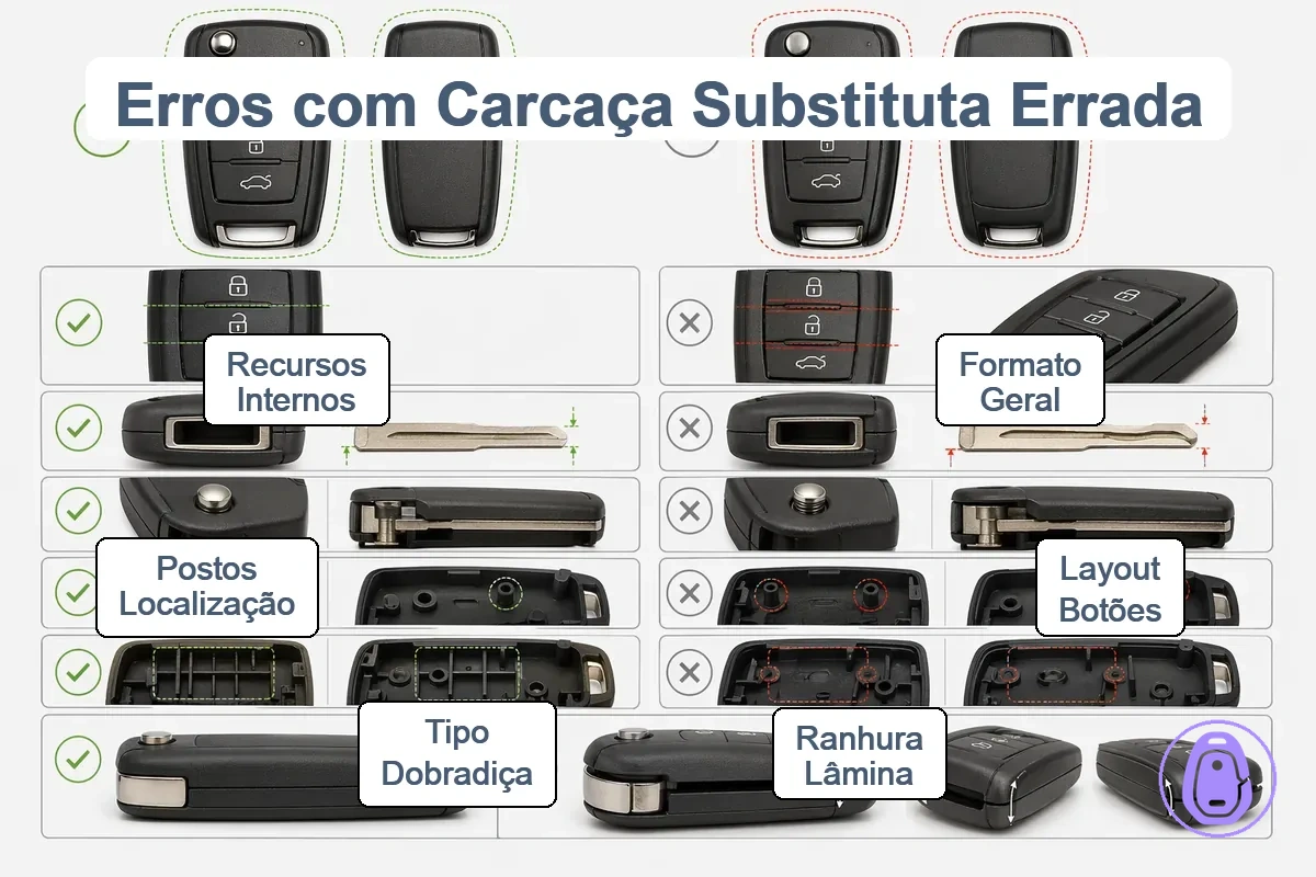 Gráfico de comparação mostrando pontos de correspondência corretos vs errados da carcaça da chave do carro, incluindo layout dos botões e área da dobradiça.
