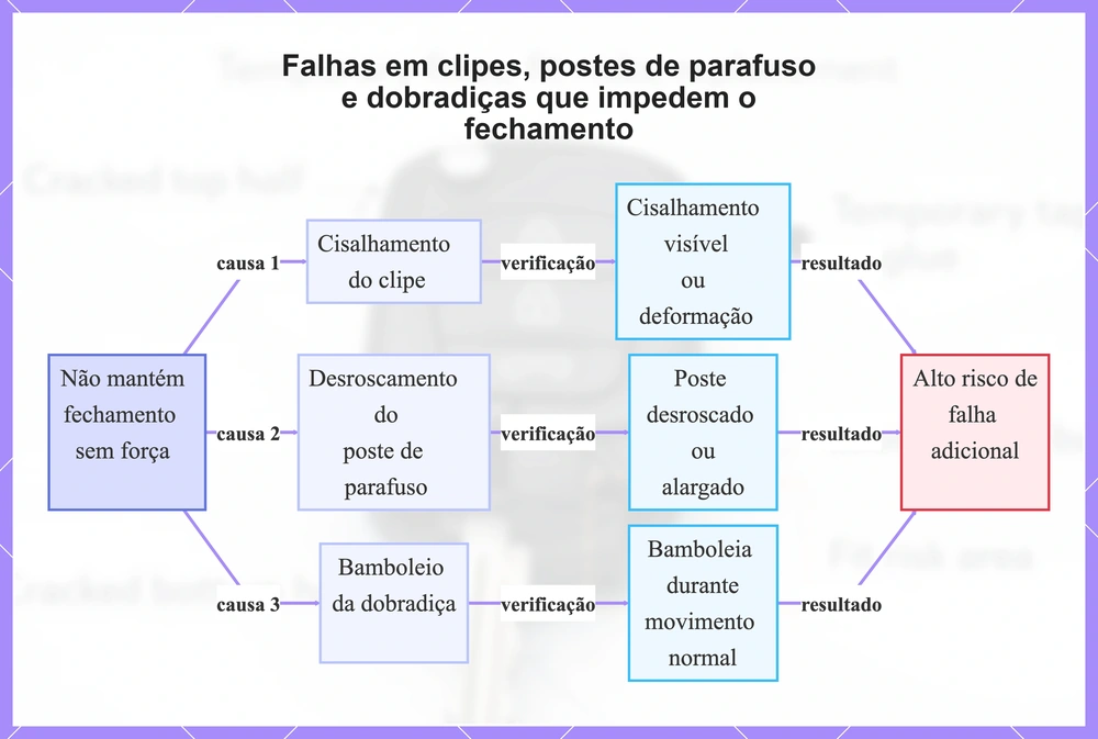 Falhas em clipes, postes de parafuso e dobradiças que impedem o fechamento