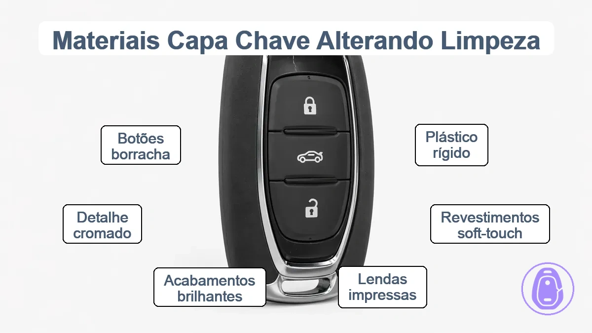 Superfícies da carcaça da chave do carro mostrando sensibilidades dos materiais aos riscos de limpeza
