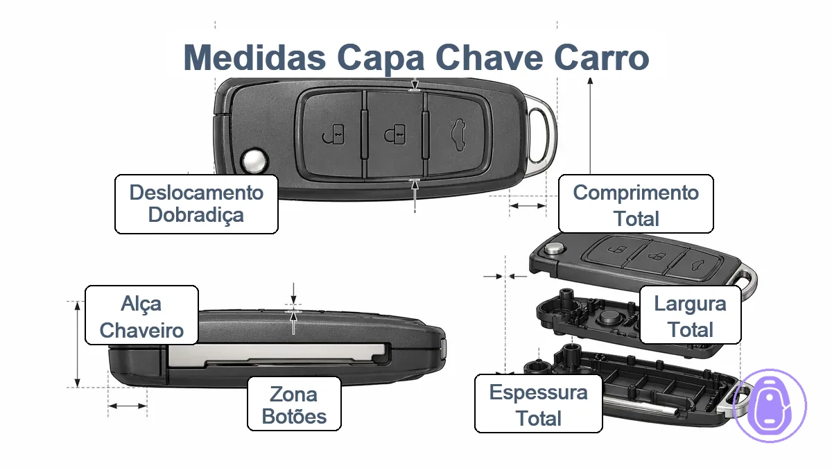 Diagrama de pontos de medição da carcaça da chave do carro incluindo comprimento geral, largura, espessura, zona de botões, laço do chaveiro e limite da dobradiça;