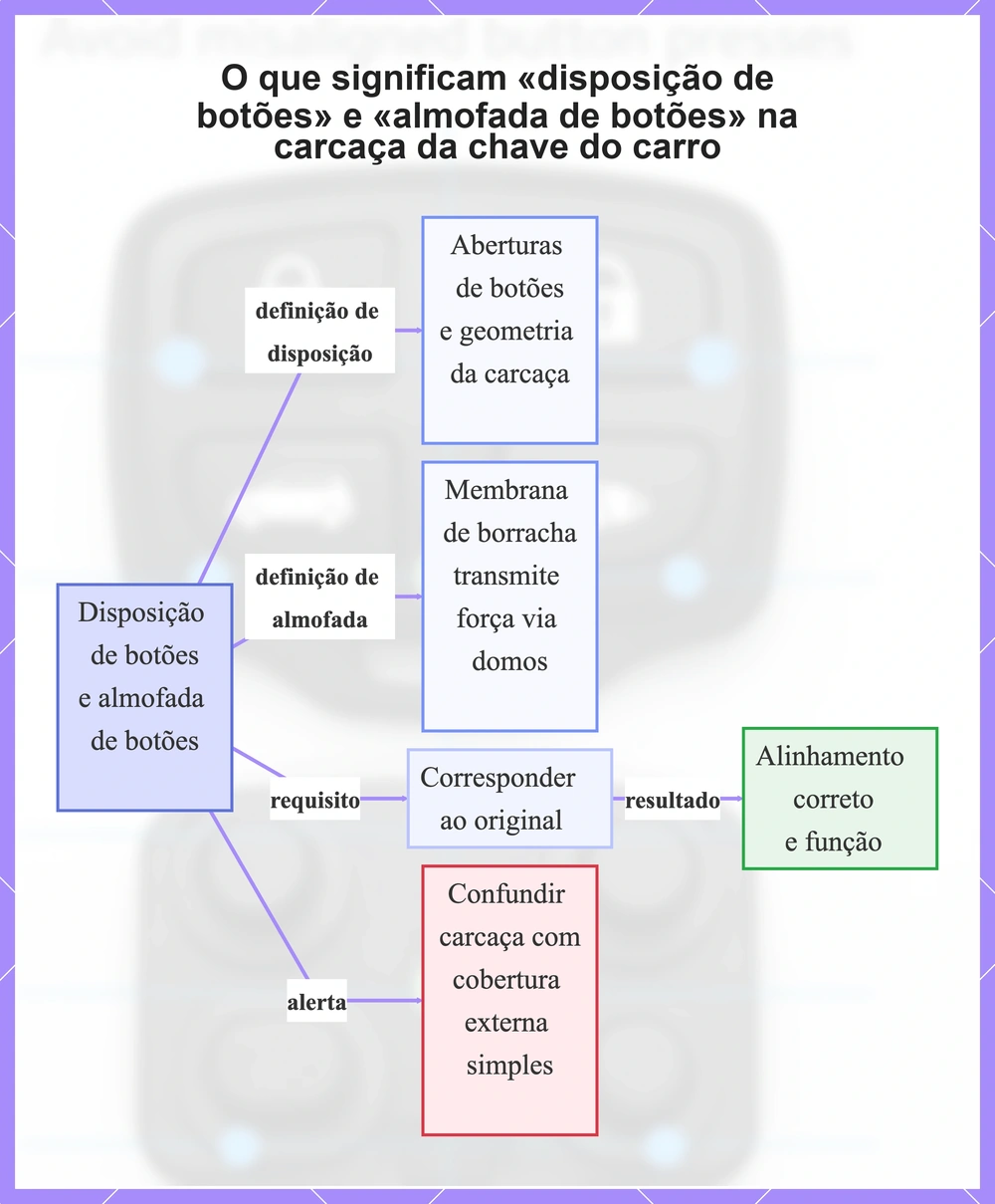 O que significam «disposição de botões» e «almofada de botões» na carcaça da chave do carro