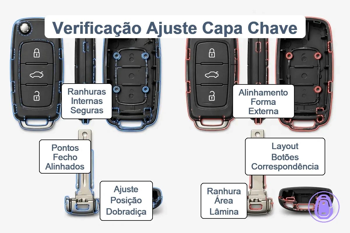 Ilustração de verificações de encaixe de carcaça da chave do carro focando em formato externo, layout de botões, área da lâmina e alinhamento da dobradiça.