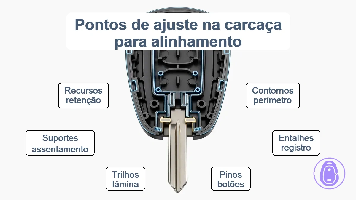 Diagrama rotulado mostrando pontos de encaixe em uma carcaça de chave do carro: perfil de contorno, recursos de registro de botões e superfícies de alinhamento da seção da lâmina