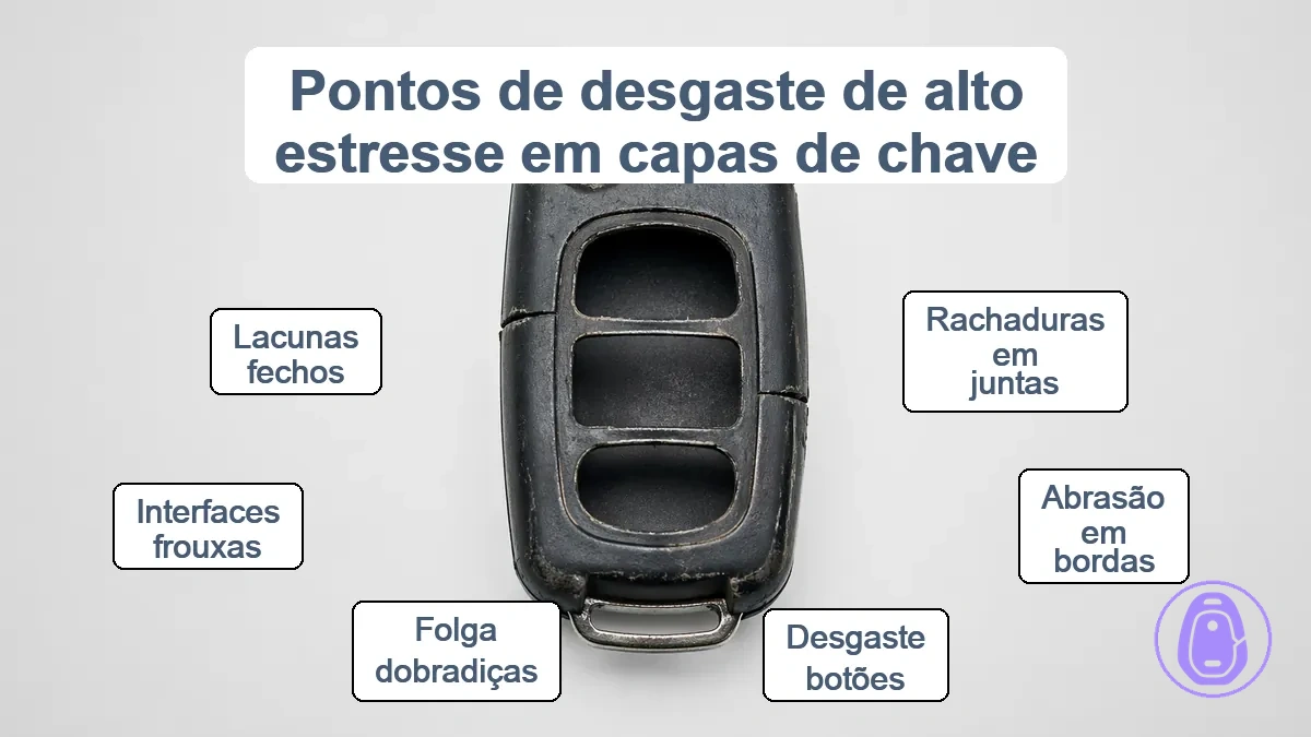 Carcaça de chave de carro anotada destacando costura, dobradiça e pontos de desgaste dos botões.