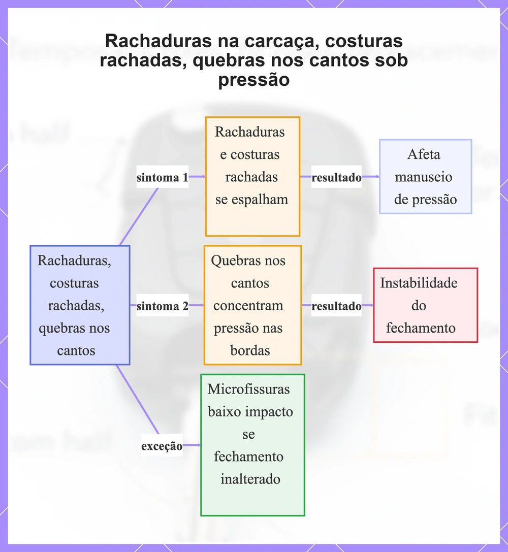 Rachaduras na carcaça, costuras rachadas, quebras nos cantos sob pressão