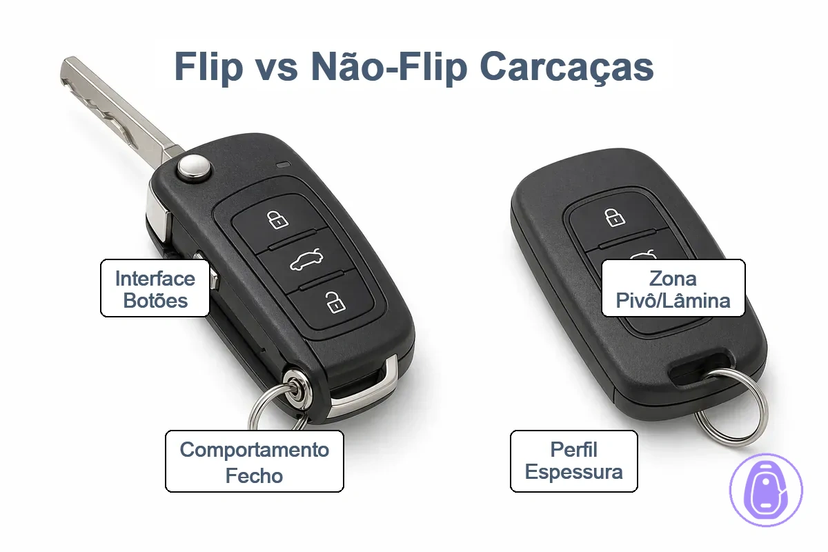 Gráfico de comparação mostrando formatos de carcaça de chave de carro retrátil e não retrátil e pistas de identificação principais.