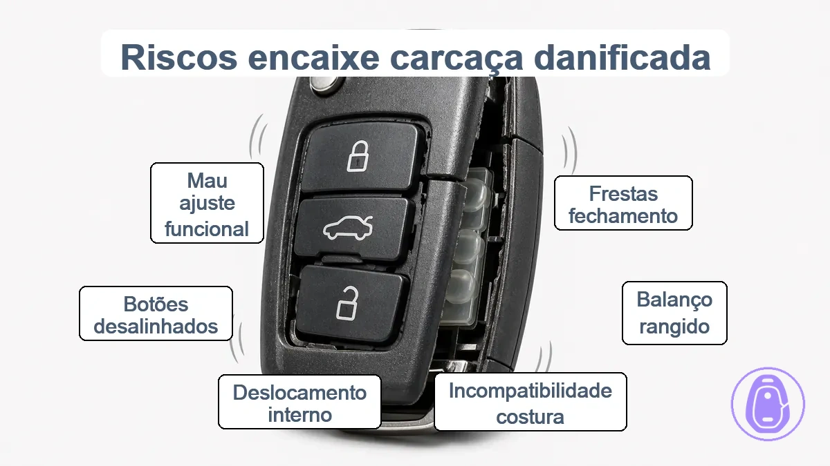 Carcaça danificada da chave do carro exibindo riscos de encaixe incluindo lacunas, folga e desalinhamento de emendas
