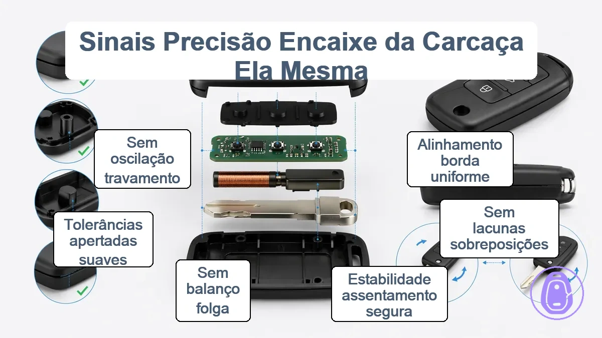 Sinais de verificação de precisão de encaixe da carcaça da chave do carro como alinhamento e estabilidade de assentamento