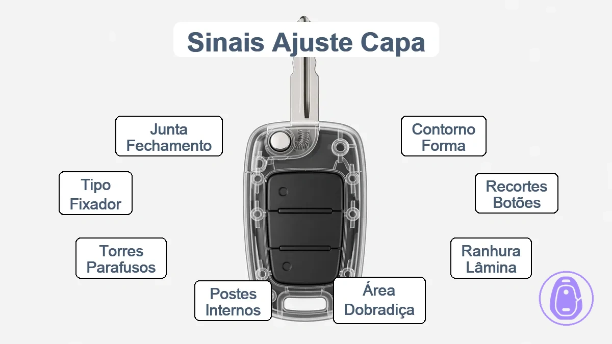 Diagrama anotado mostrando sobreposição de contorno de carcaça de chave com alinhamento de janelas de botões, área de lâmina/dobradiça e locais de pinos internos rotulados genericamente.