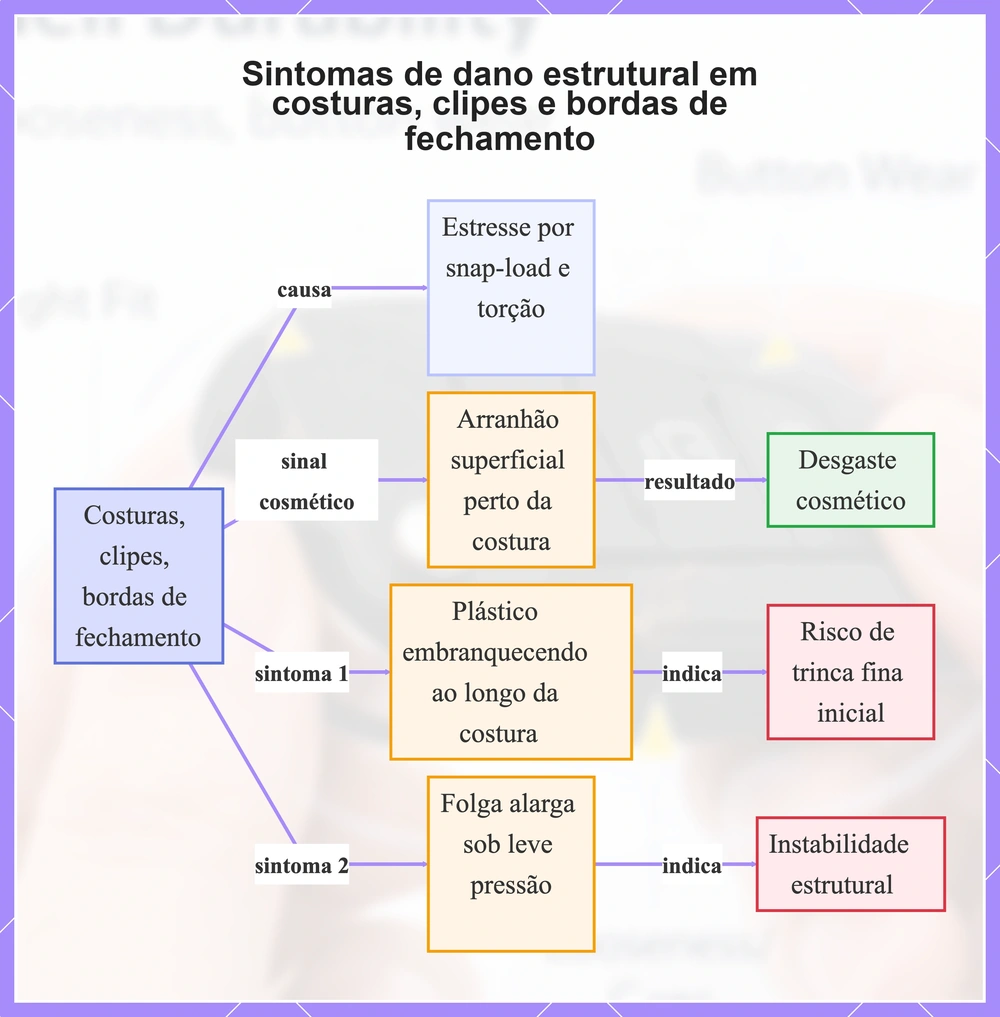 Sintomas de dano estrutural em costuras, clipes e bordas de fechamento