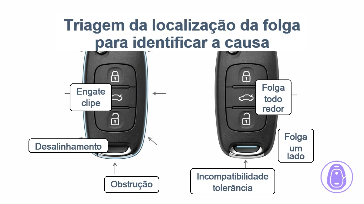 Diagrama da carcaça da chave do carro destacando zonas de folga nos botões, lâmina/dobradiça e extremidade do chaveiro com setas para folgas de um lado e ao redor.