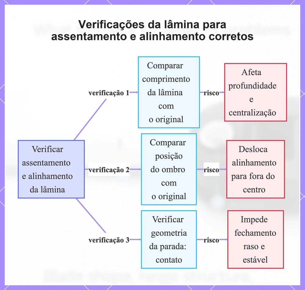 Verificações da lâmina para assentamento e alinhamento corretos