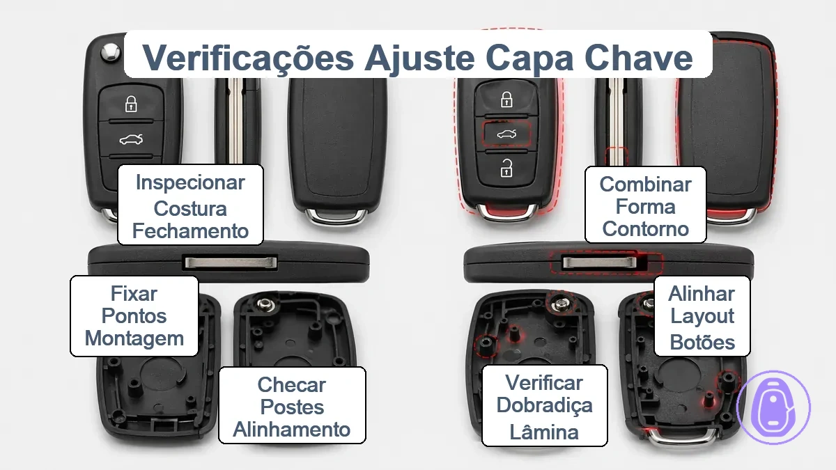 Ilustração de verificação de ajuste para carcaça da chave do carro mostrando formato de contorno, layout de botões, dobradiça da lâmina e pontos de montagem interna.