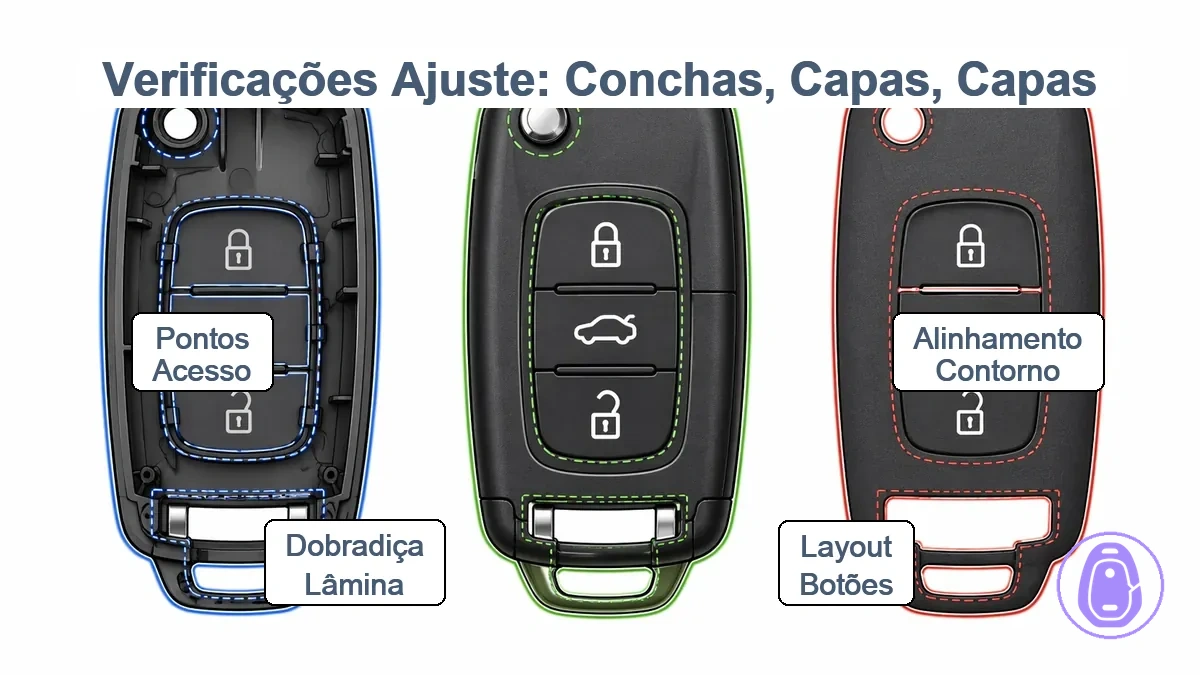 Diagrama anotado mostrando contorno da chave de carro, layout dos botões e área de dobradiça/lâmina como principais pontos de verificação de ajuste.