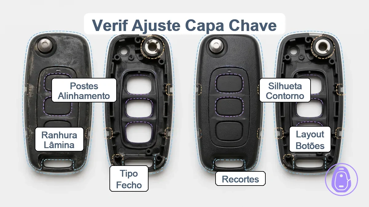 Gráfico anotado de verificação de encaixe mostrando correspondência do contorno da carcaça da chave do carro, espaçamento do layout dos botões, recortes e área da lâmina/dobradiça.