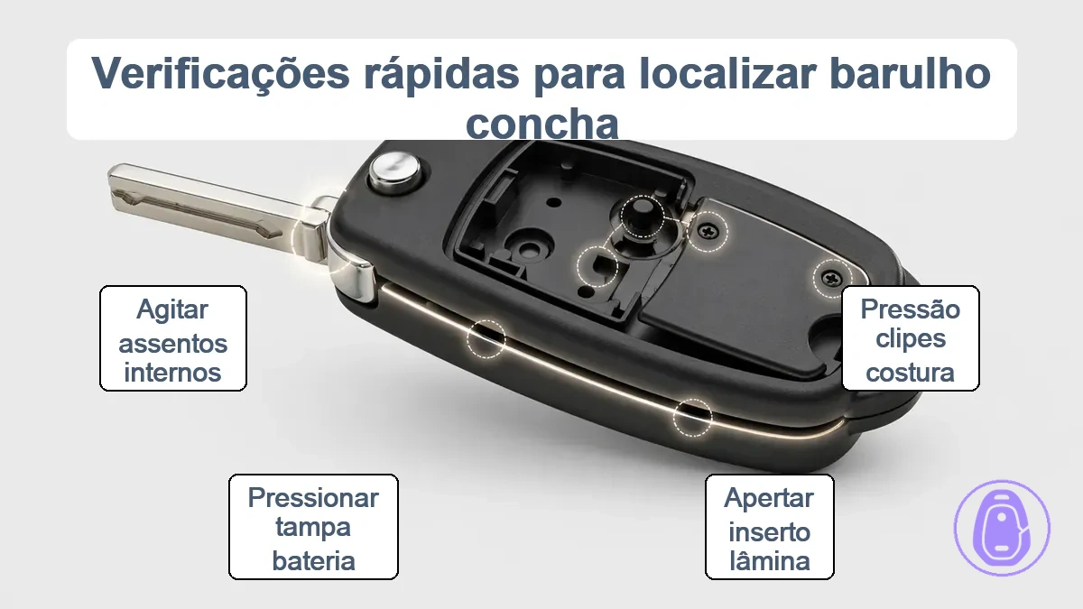 Diagrama da carcaça da chave do carro mostrando emenda, área da lâmina, porta da bateria e zonas de verificação de posicionamento interno