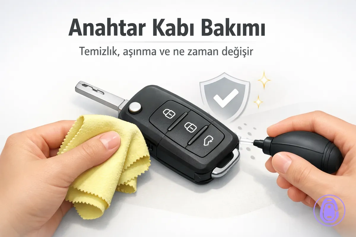 Araba anahtarı kabını temizleme ve aşınmayı azaltmaya yönelik bakım illüstrasyonu.