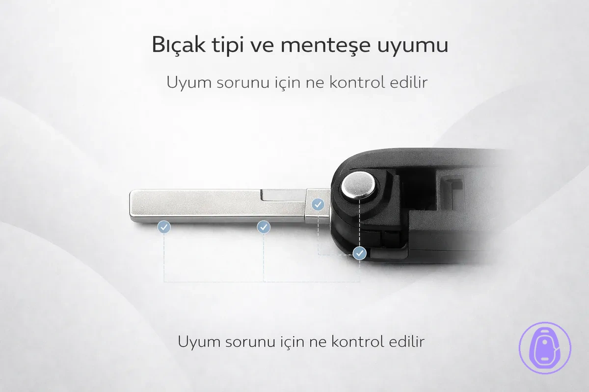 Uyumluluk kontrolleri için araba anahtarı kabı bıçak bölgesi ve menteşe/pivot noktasını gösteren yakın plan illüstrasyon.