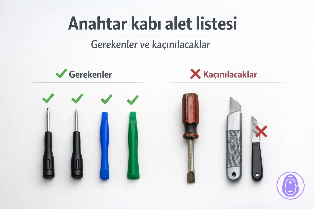 Araba anahtarı kabı değişimi için küçük tornavidalar ve ayırma aparatı gibi aletlerin dizildiği görsel.