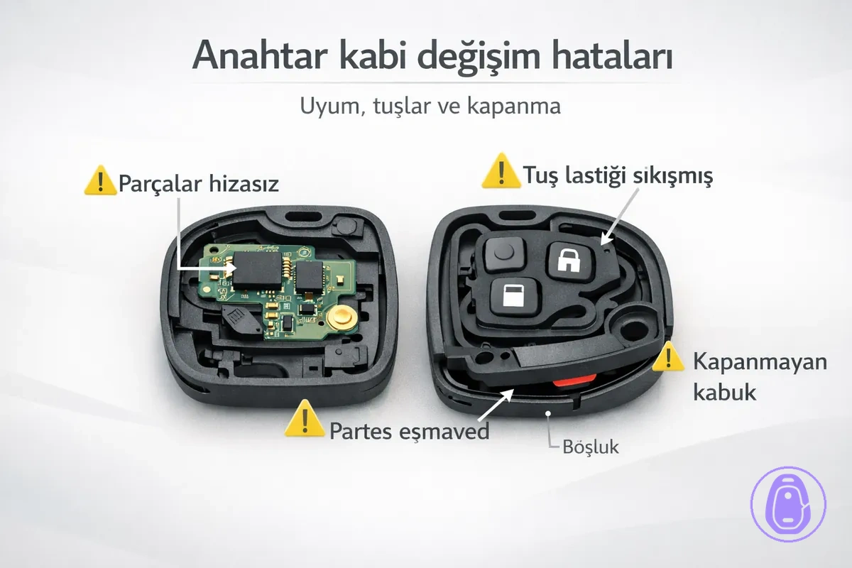 Yanlış hizalanmış parçalar ve sıkışmış tuş pedleri gibi yaygın araba anahtarı kabı değişim hatalarını vurgulayan illüstrasyon.
