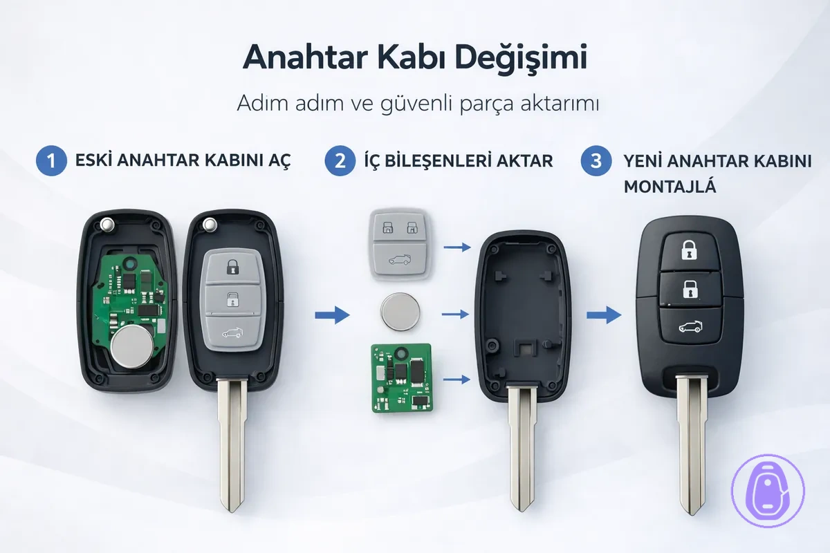 Araba anahtarı kabını değiştirme ve parçaları doğru şekilde yeniden toplama sürecini gösteren adım adım illüstrasyon.