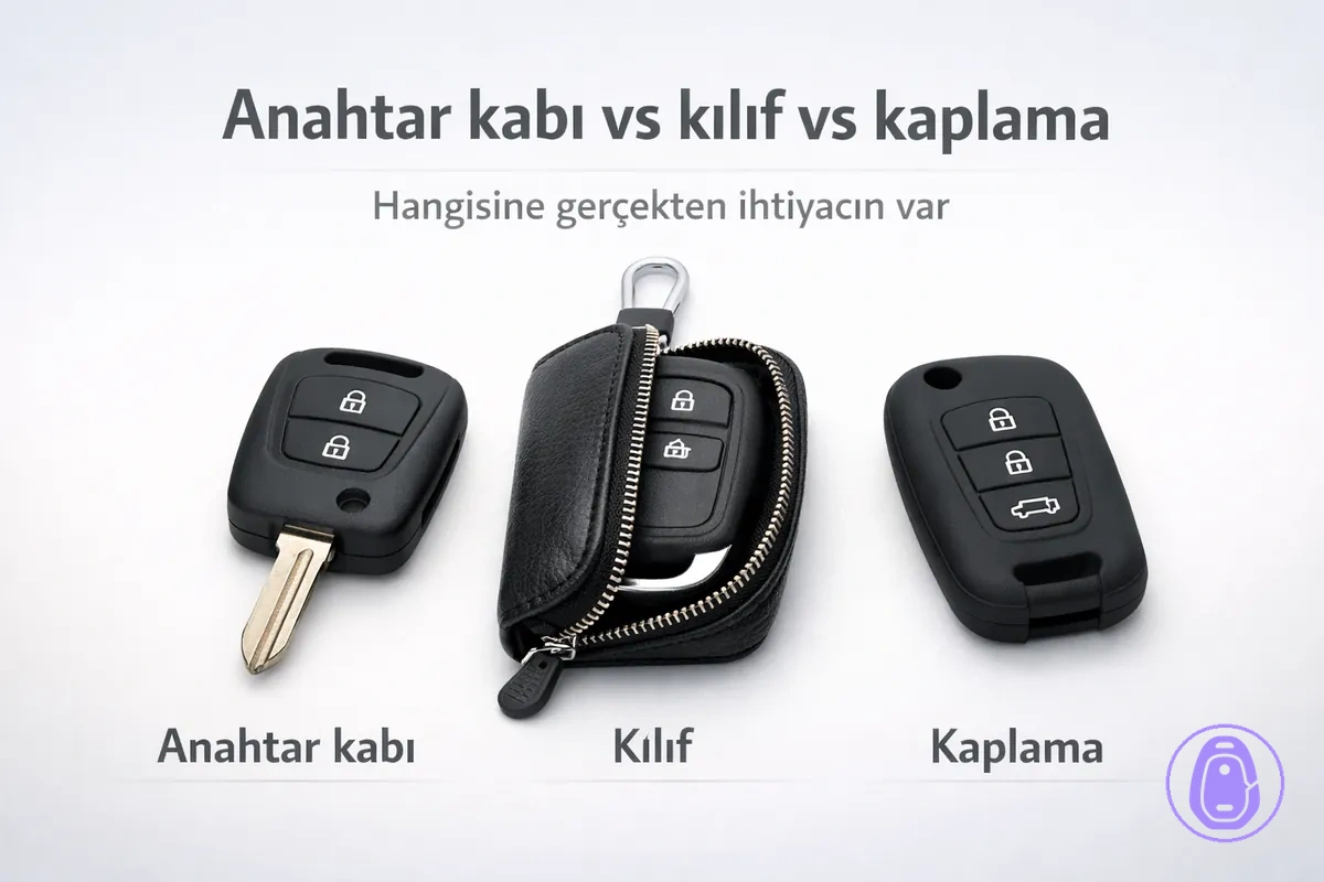 Araba anahtarı kabı, anahtar kılıfı ve anahtar kaplamasını oturma ve koruma açısından yan yana karşılaştıran illüstrasyon.