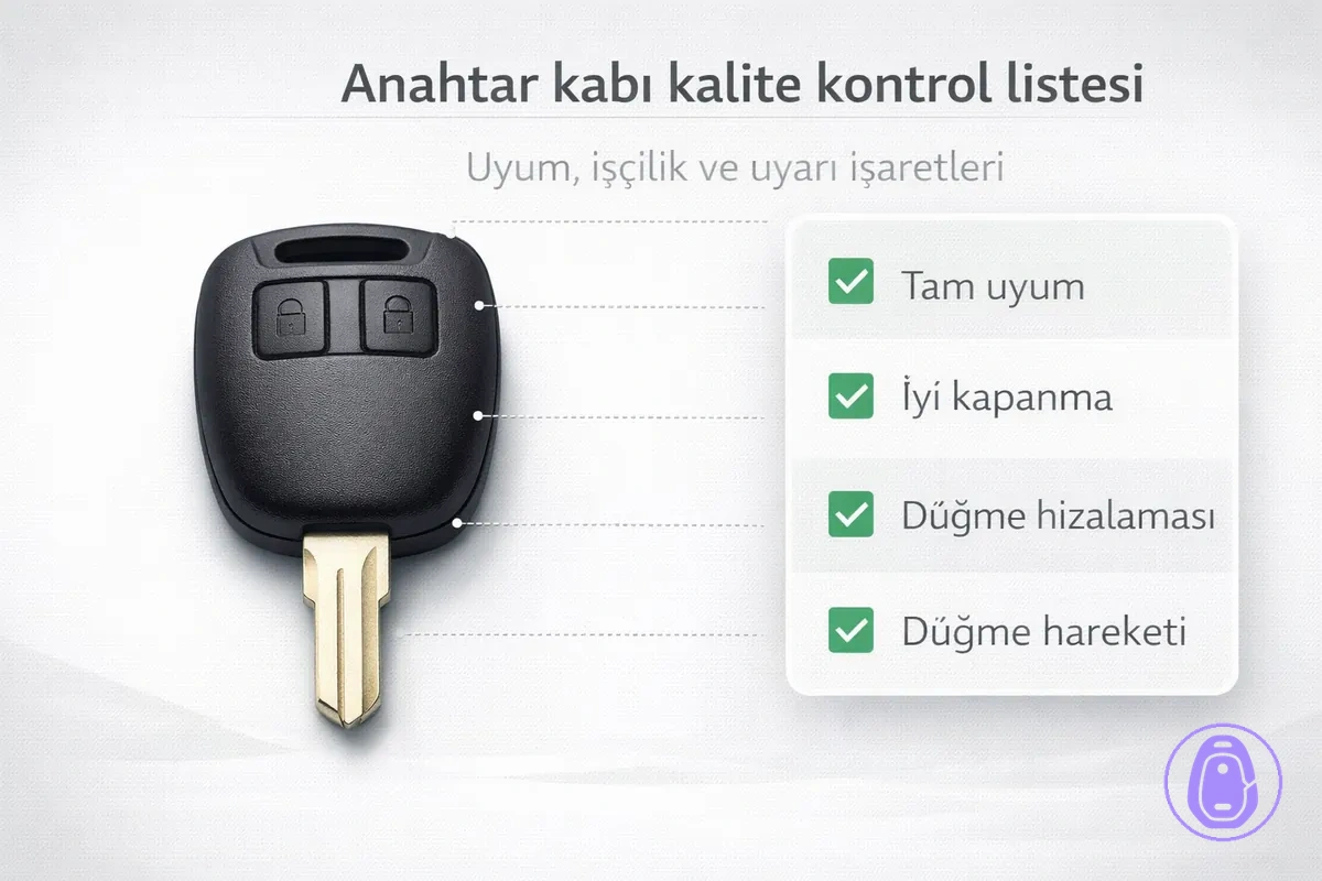 Araba anahtarı kabı kalitesini değerlendirmek için kontrol listesi illüstrasyonu: uyum, hizalama, kapanma ve tuş hareketi.