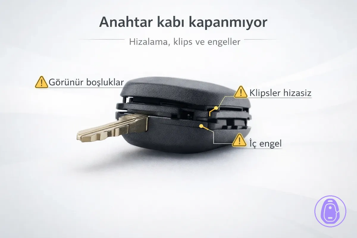Kapanmayan araba anahtarı kabında boşluklar, klipsler ve hizasızlık noktalarını gösteren illüstrasyon.